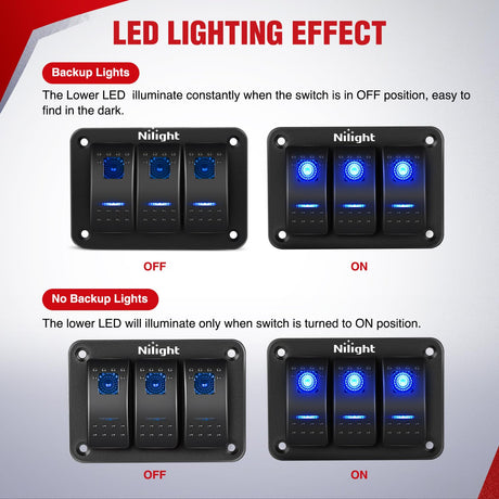 16AWG Wire Harness 6 Leads W/ 3 Gang Rocker Switch | 9 Fuses | 12 Spade Connectors Nilight