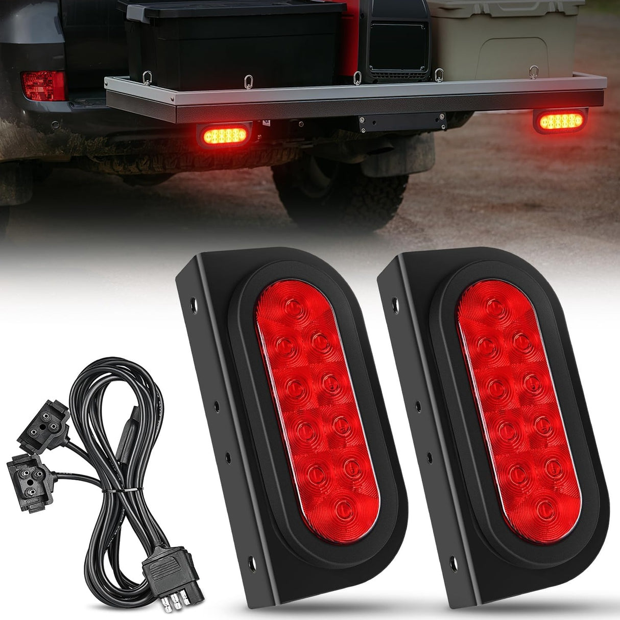 6 Inch Oval Red LED Hitch Cargo Carrier Trailer Tail Lights W/ Flush Mount Grommets Wire Harness (Pair) Nilight