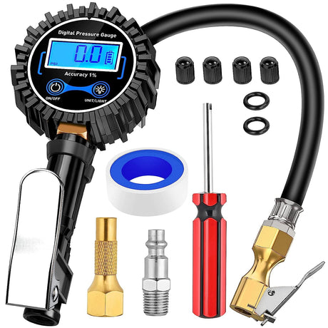 Digital Tire Inflator Pressure Gauge 250PSI Rubber Hose Quick Connect Coupler Nilight