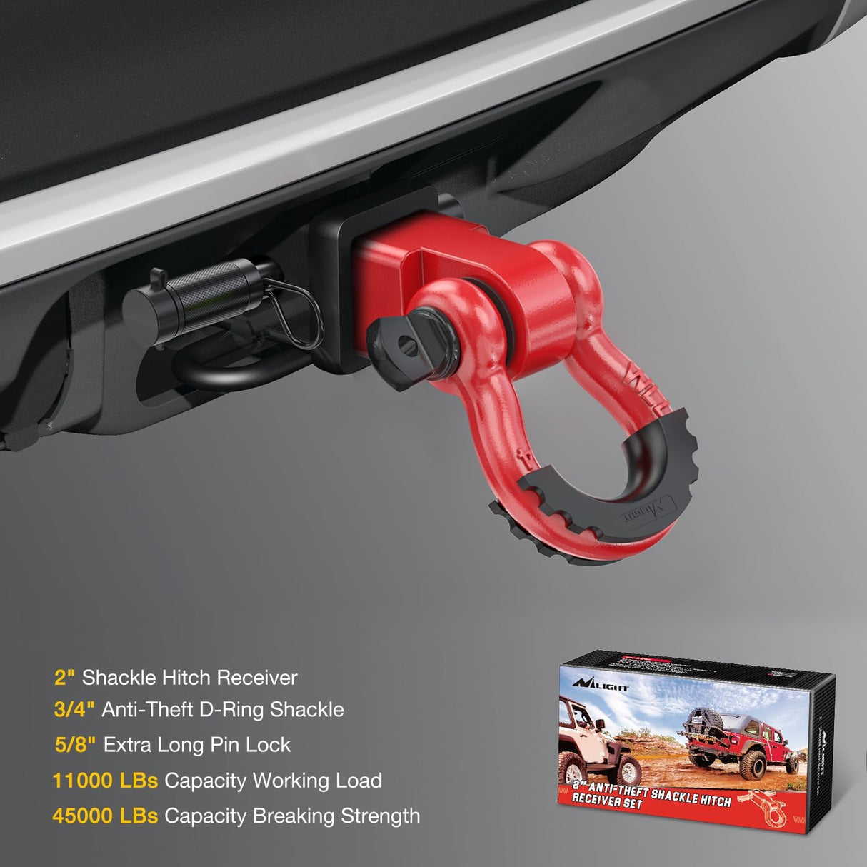 2 Inch Anti-Theft Shackle Hitch Receiver Set Red Nilight