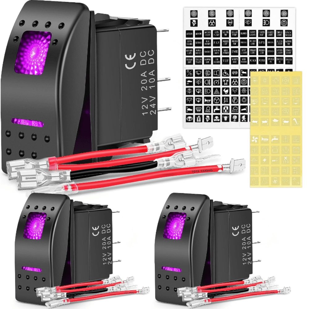 3Pcs 5Pin SPST On/Off Rocker Switch Purple Nilight