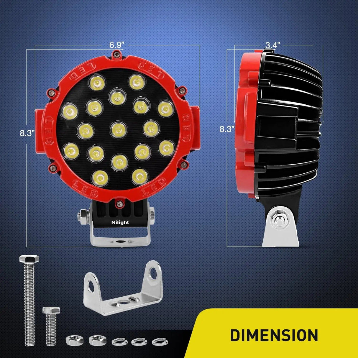 LED Work Light 7" Round 51W Flood Red Case LED Work Light (Pair)