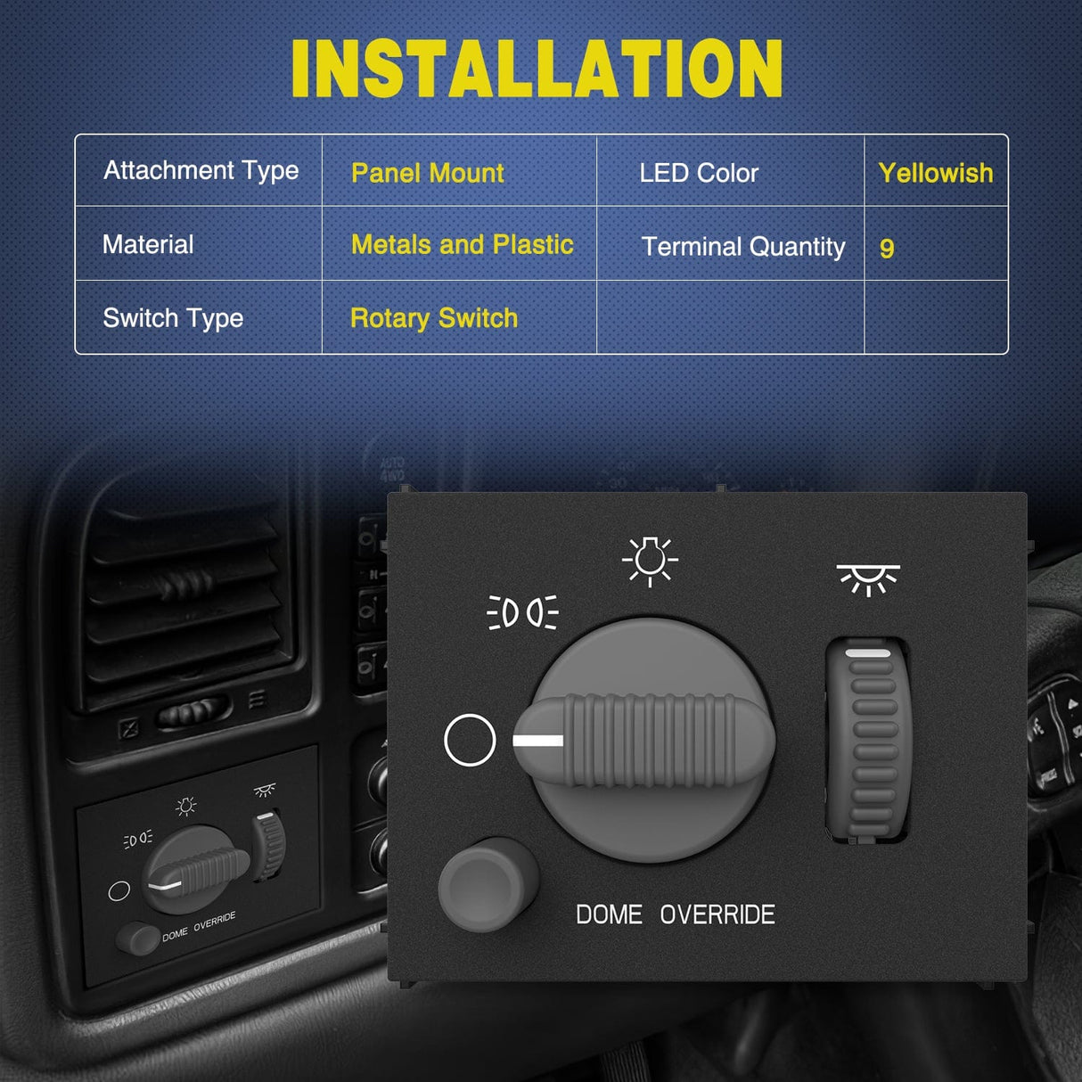 Headlight Dimmer Switch with Yellowish LED Light Compatible with 1999-2002 Chevy Silverado 1500 2500 3500 Suburban 1500 2500 Tahoe 1999-2002 GMC Sierra 1500 2500 Nilight