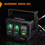 2Gang Aluminum ON/Off Rocker Switch Box w/ QC 3.0 Dual USB Charger Voltmeter with Green Backlit Nilight