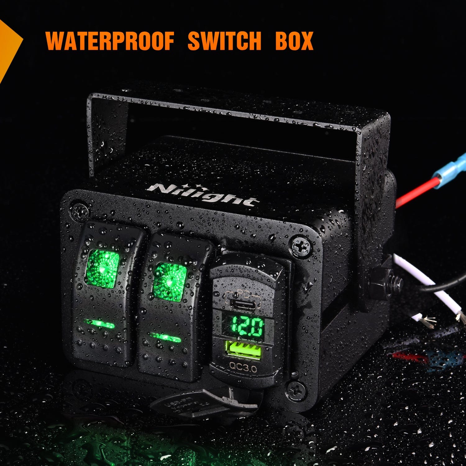 2Gang Aluminum ON/Off Rocker Switch Box w/ QC 3.0 Dual USB Charger Voltmeter with Green Backlit Nilight