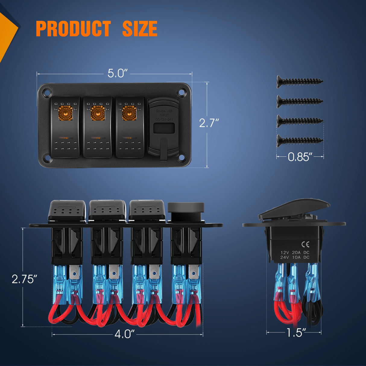 3 Gang Switch Panel With QC3.0 & PD Charger And Voltmerter with Orange Backlit Nilight