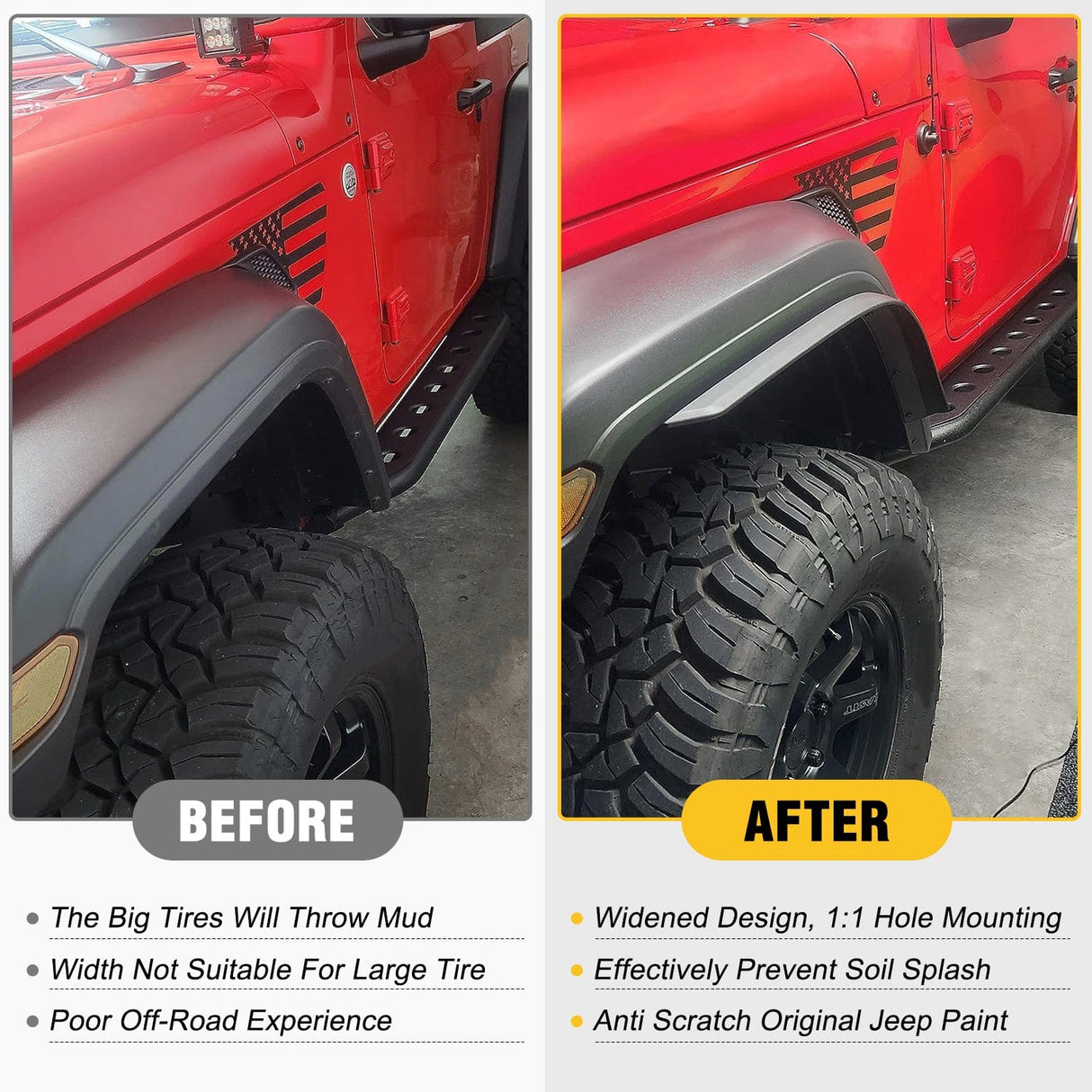 Fender Flares Extensions Set Compatible with 2018-2024 Wrangler JL and JLU Unlimited 2/4 Doors (Only for Low Wheel Arches) Nilight