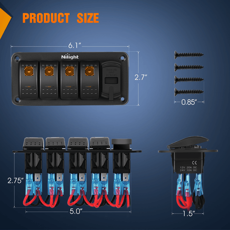 4 Gang Switch Panel With QC3.0 & PD Charger And Voltmerter with Orange Backlit Nilight