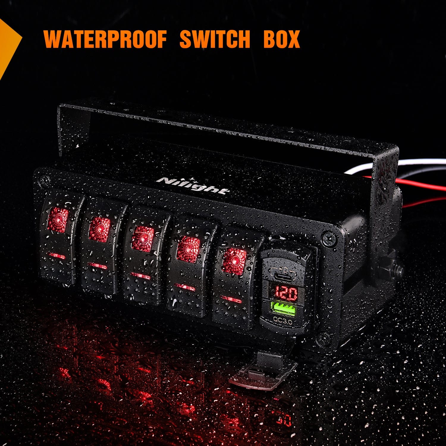 5Gang Aluminum ON/Off Rocker Switch Box w/ QC 3.0 Dual USB Charger Voltmeter with Red Backlit Nilight