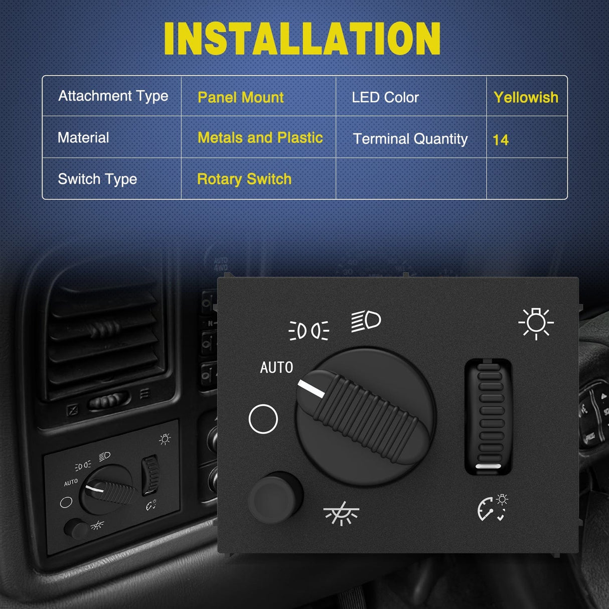 Headlight Dimmer Switch with Warm White LED Light Compatible with 2003-2007 Chevy Silverado 1500 2500 3500 2003-2006 GMC Sierra 1500 2500 Cadillac Escalade Nilight