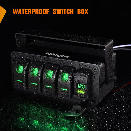 4Gang Aluminum ON/Off Rocker Switch Box w/ QC 3.0 Dual USB Charger Voltmeter with Green Backlit Nilight