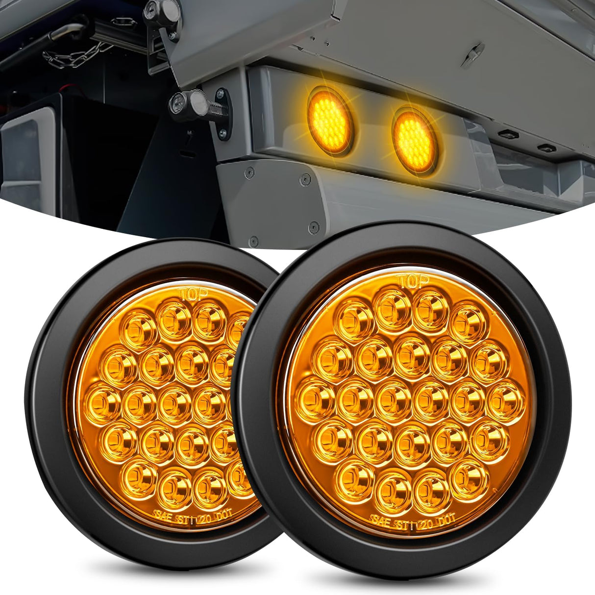 4 Inch Amber Round 24Leds Tail Light Flush Mount Grommets (Pair) Nilight