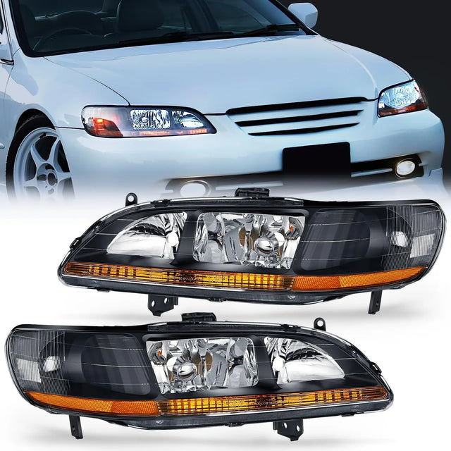 Headlight Assembly Headlight Assembly Black Case Amber Reflector Upgraded Clear Lens For 1998-2002 Honda Accord (Pair)