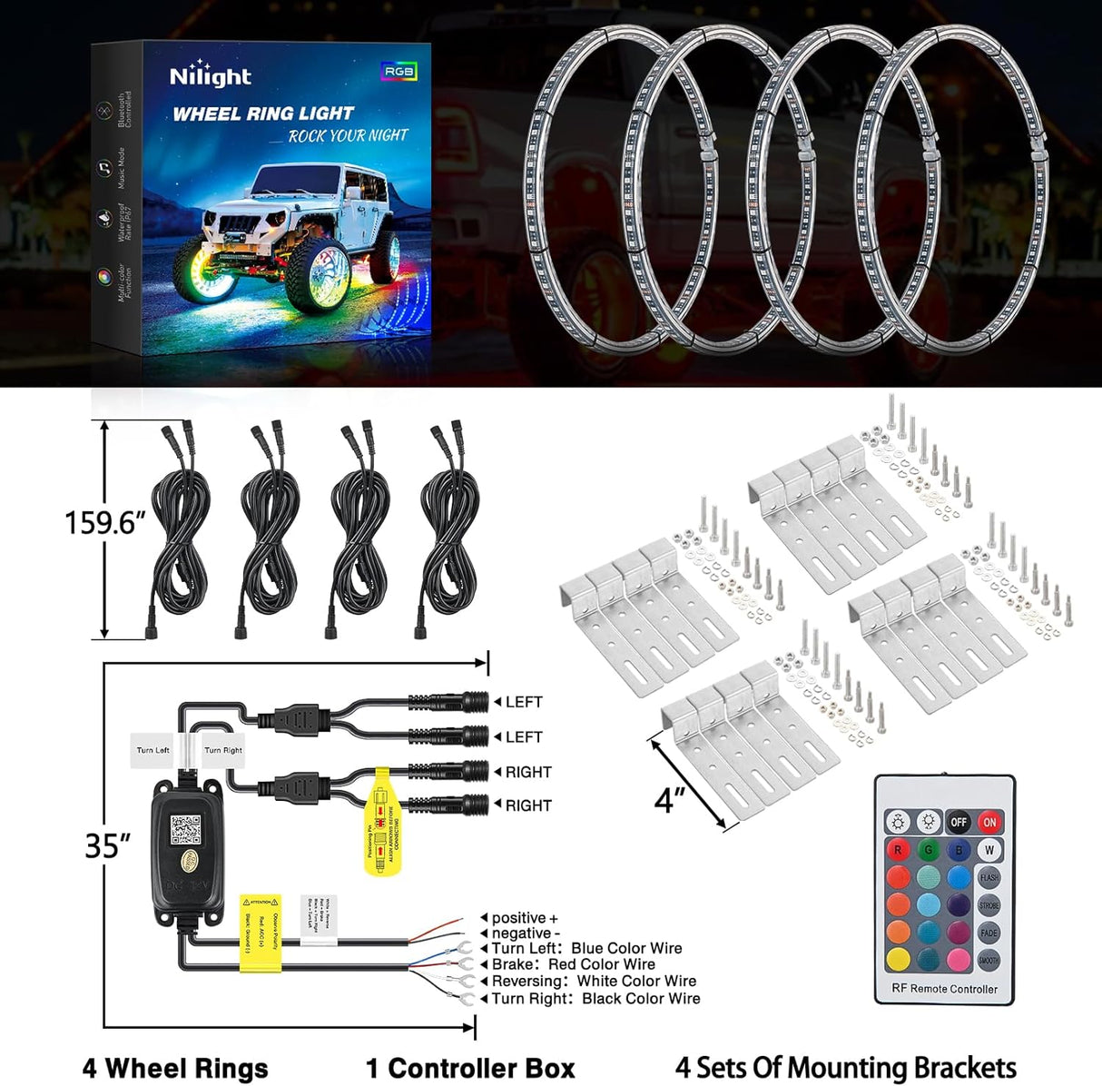 15.5 Inch LED Wheel Ring Lights Double Row RGB APP Remote Control 4Pcs Nilight