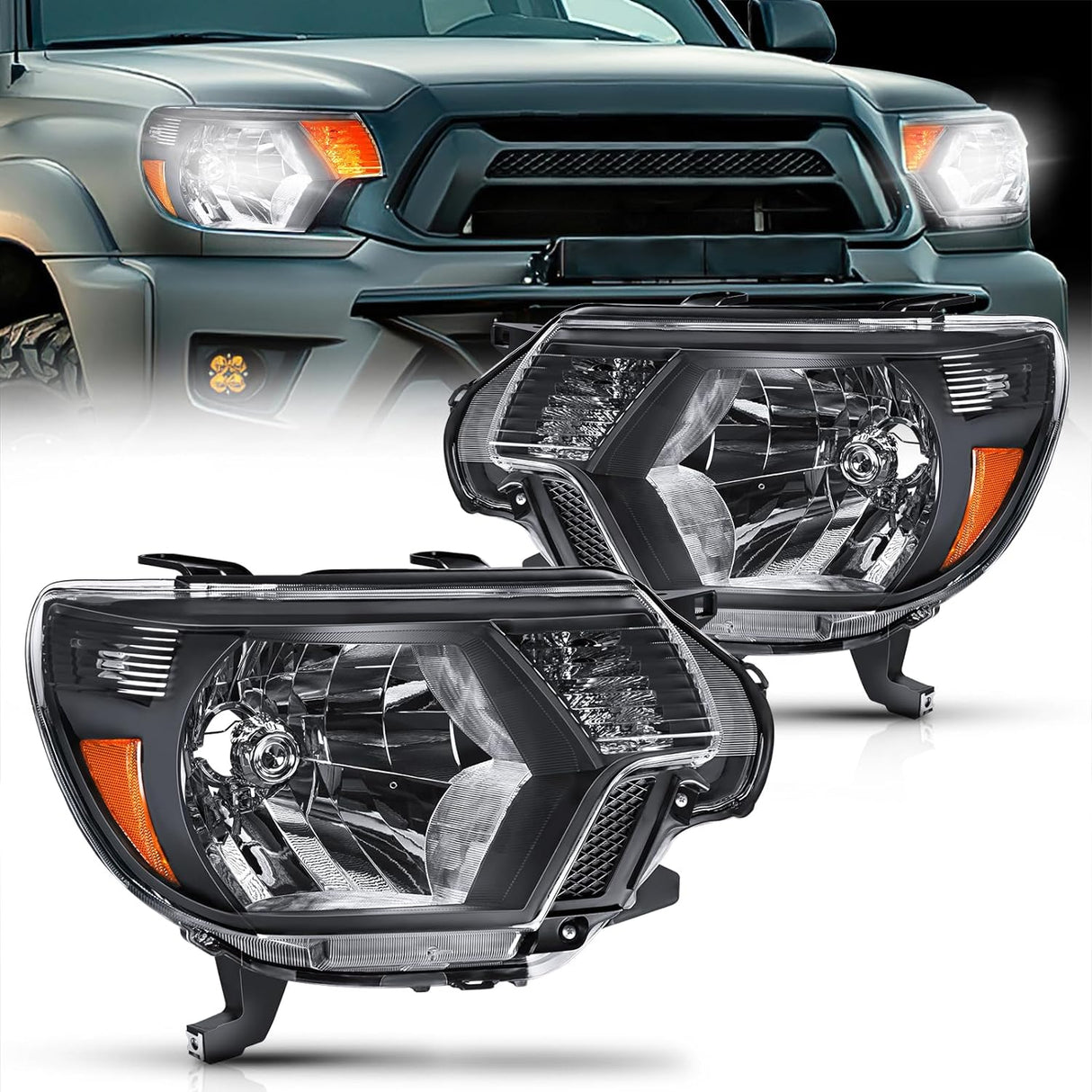 2012-2015 Toyota Tacoma Headlight Assembly Black Housing Amber Reflector Clear Lens Nilight