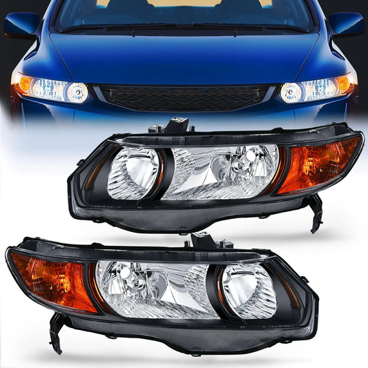 Headlight Assembly Headlight Assembly Black Case Amber Reflector Clear Lens For 2006-2011 Honda Civic 2-Door Coupe (Pair)