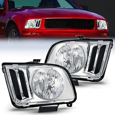 2005-2009 Ford Mustang Headlight Assembly Chrome Housing Clear Reflector Upgraded Clear Lens Nilight