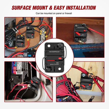 50A Circuit Breaker Resettable 12-48V DC Manual Reset w/Copper Wire Lugs Surface Mount Overload Protection Nilight