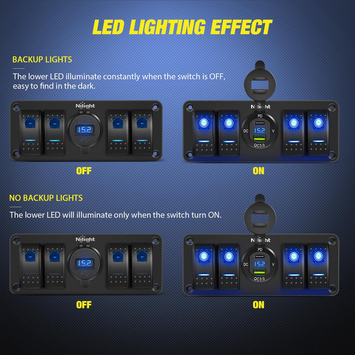 4Gang Aluminum 5Pin ON/Off Blue Rocker Switch Panel w/ PD Type C & QC 3.0 Dual USB Charger Voltmeter Nilight