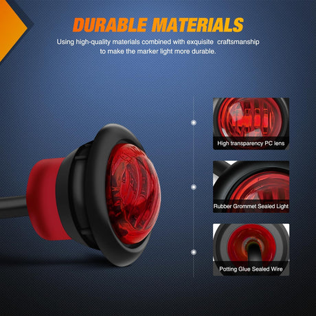 3/4 inch Red Round LED Marker Lights 2 Connectors (10 Pcs) Nilight