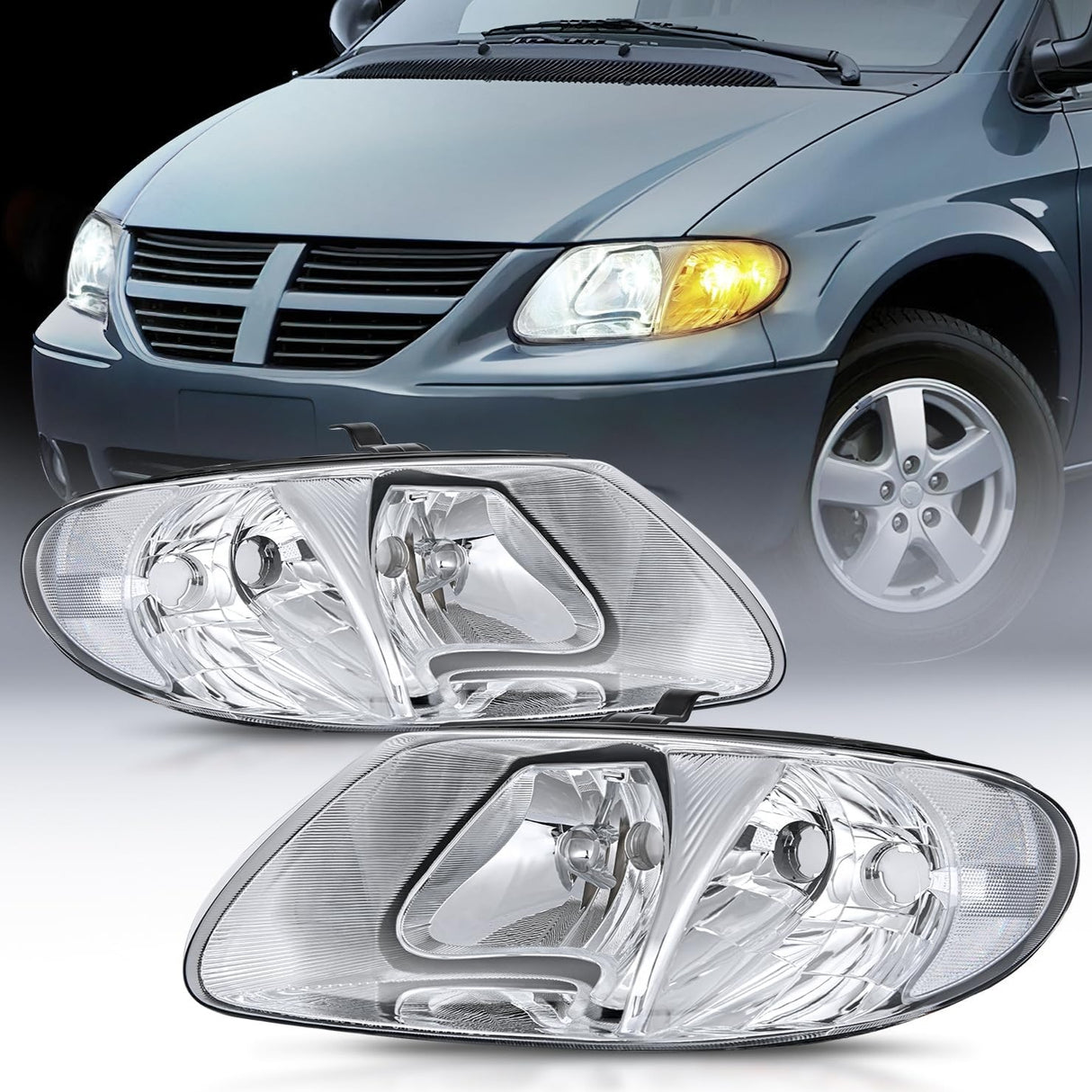 2001-2007 Chrysler Town & Country 2001-2003 Voyager 2001-2007 Dodge Grand Caravan Headlight Assembly Chrome Case Clear Reflector Nilight