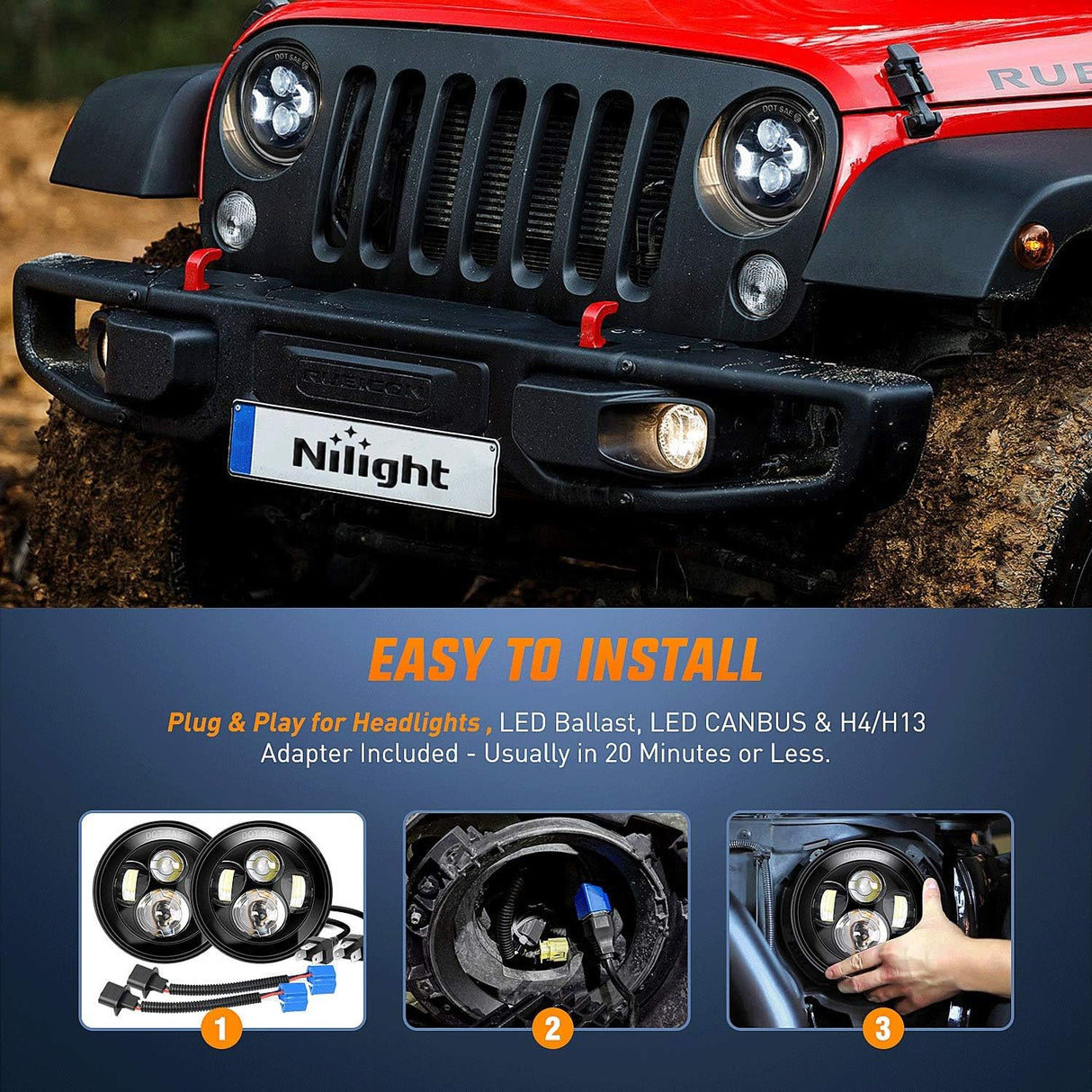 1997-2018 Wrangler JK Unlimited JKU TJ CJ Rubicon 7 Inch Round Cree Headlight and 4 Inch Fog Lights 4Pcs Nilight