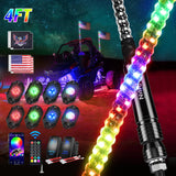 2Pcs 4FT Spiral Antenna Bluetooth Remote App Control Led Whip Light | 8Pcs RGB Rock Lights | Wire 5Pin Switch Kits Nilight