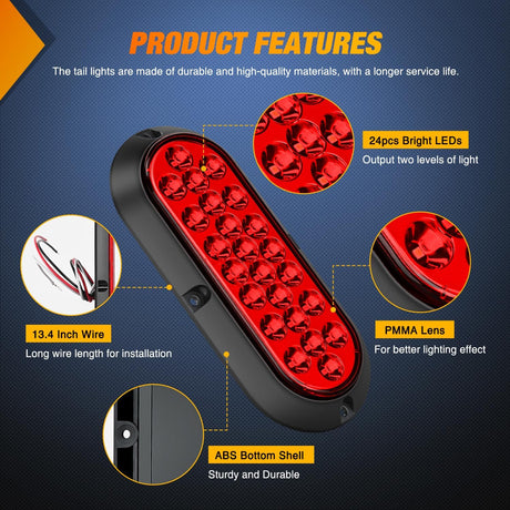 6 Inch Oval Red 24Leds Trailer Tail Lights 2Pcs Nilight