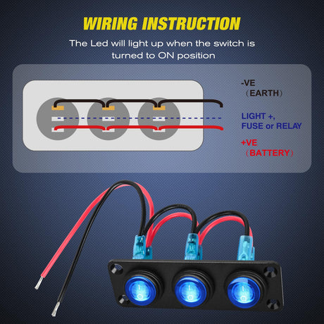 3Gang 3Pin Pre-wired Toggle Switch Panel Blue Nilight