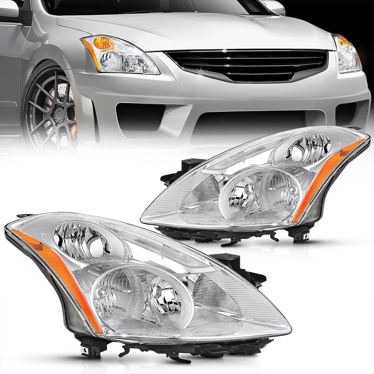 2010-2012 Nissan Altima 4Door Sedan Headlight Assembly Chrome Housing Amber Reflector Upgraded Clear Lens Nilight