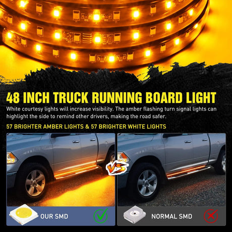 48 Inch 114 Leds Running Board Amber White Light Strip (Pair) Nilight