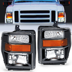 2008-2010 Ford F250 F350 F450 Super Duty Headlight Assembly Black Housing Amber Reflector Upgraded Clear Lens