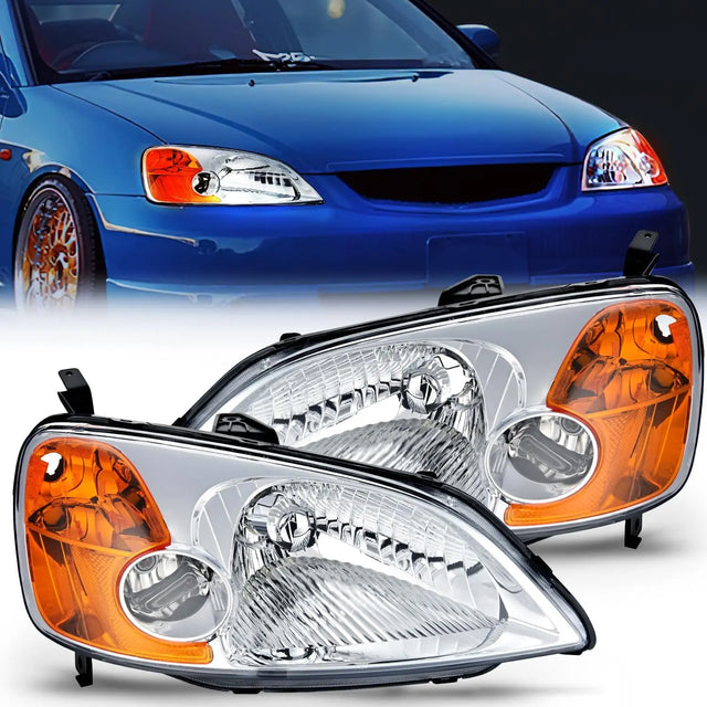 Headlight Assembly Headlight Assembly Chrome Case Amber Reflector Clear Lens For 2001-2003 Honda Civic (Pair)