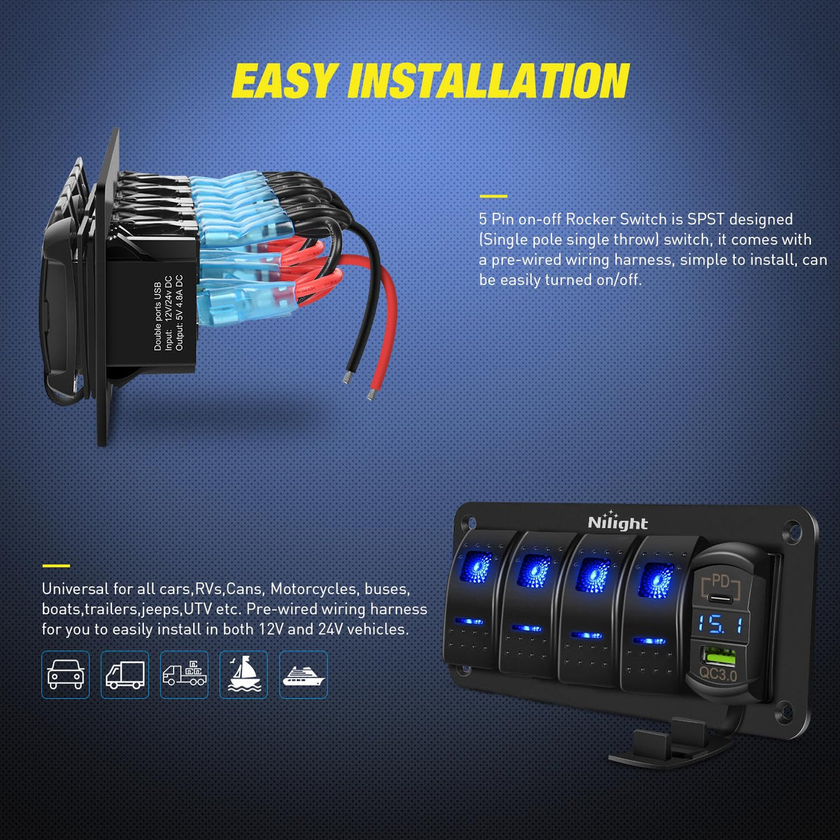 4Gang Aluminum 5Pin ON/Off Blue Rocker Switch Panel w/ PD Type C and USB Charger Voltmeter Nilight