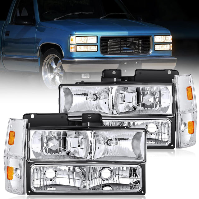 1988-1993 Chevrolet GMC C/K 1988-1993 Silverado Suburban Sierra Blazer Tahoe Yukon Headlight Assembly Chrome Case Amber Reflector Nilight