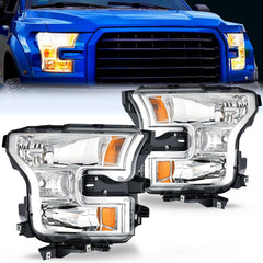 2015-2017 Ford F150 Headlight Assembly Chrome Housing Amber Reflector Upgraded Clear Lens