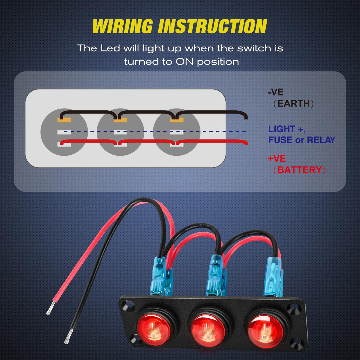 3Gang 3Pin Pre-wired Toggle Switch Panel Red Nilight