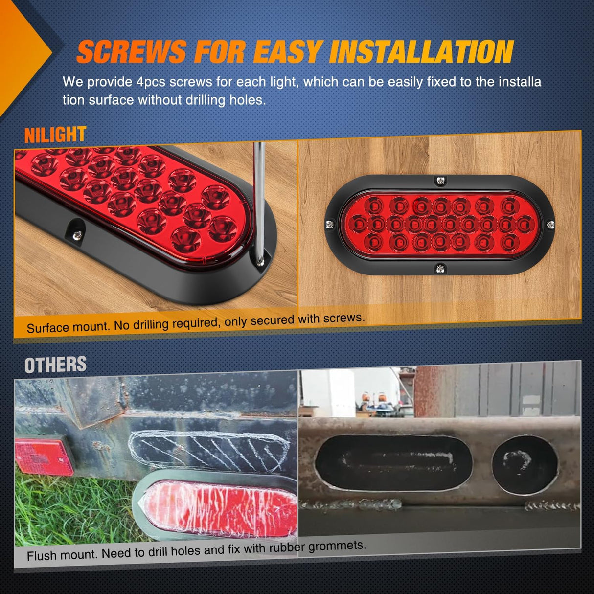 6 Inch Oval Red 24Leds Trailer Tail Lights 2Pcs Nilight