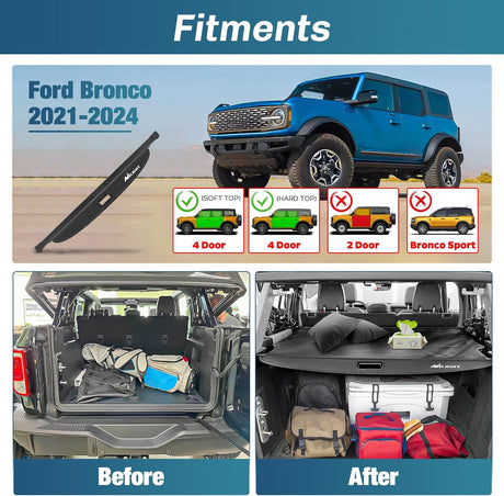 2021-2024 Ford Bronco 4-Door Retractable Trunk Cargo Cover Nilight