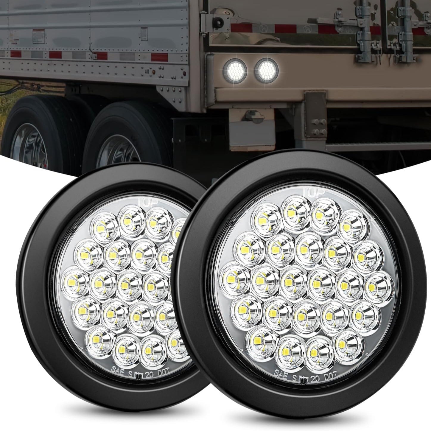 Trailer Light 4" White Round 24Leds Tail Light Flush Mount Grommets 2Pcs