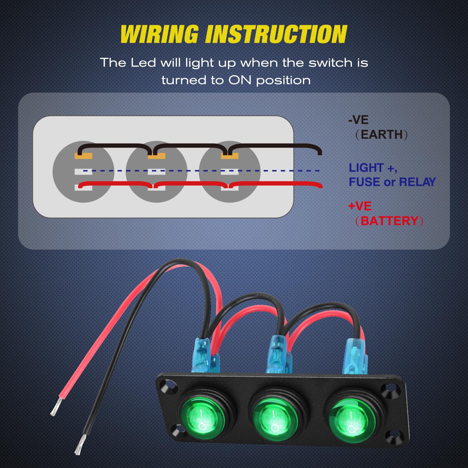 3Gang 3Pin Pre-wired Toggle Switch Panel Green Nilight