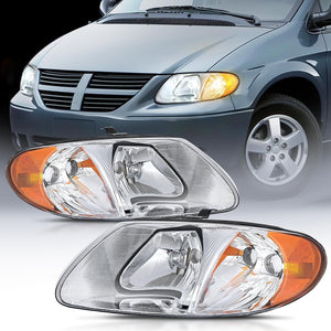 2001-2007 Chrysler Town & Country 2001-2003 Voyager 2001-2007 Dodge Grand Caravan Headlight Assembly Chrome Case Amber Reflector Nilight