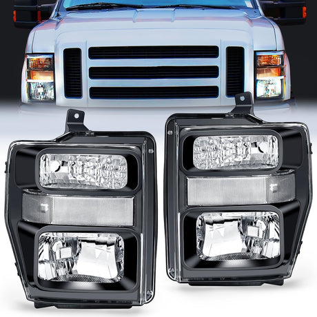 2008-2010 Ford F250 F350 F450 Super Duty Headlight Assembly Black Housing Clear Reflector Clear Lens Nilight