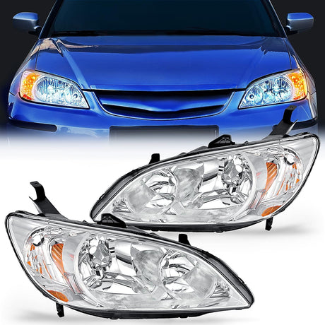 2004 2005 Honda Civic Headlight Assembly Chrome Housing Amber Reflector Upgraded Clear Lens Nilight