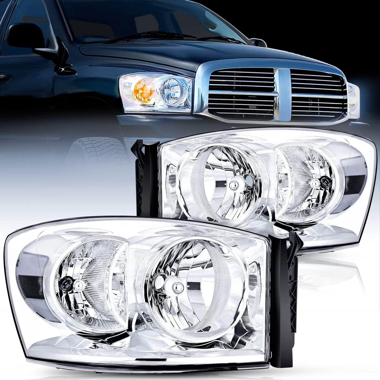 2007-2009 Dodge Ram 1500/2500/3500 Headlight Assembly Chrome Housing Clear Reflector Clear Lens Nilight