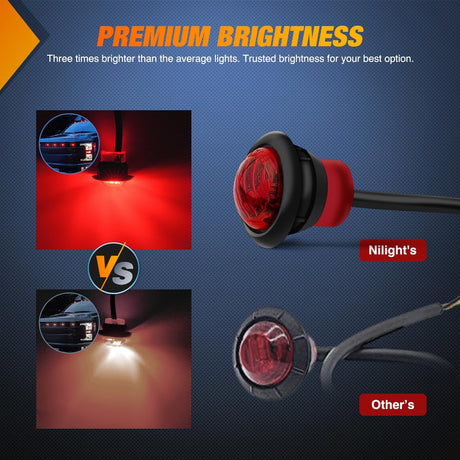 3/4 inch Red Round LED Marker Lights 2 Connectors (10 Pcs) Nilight