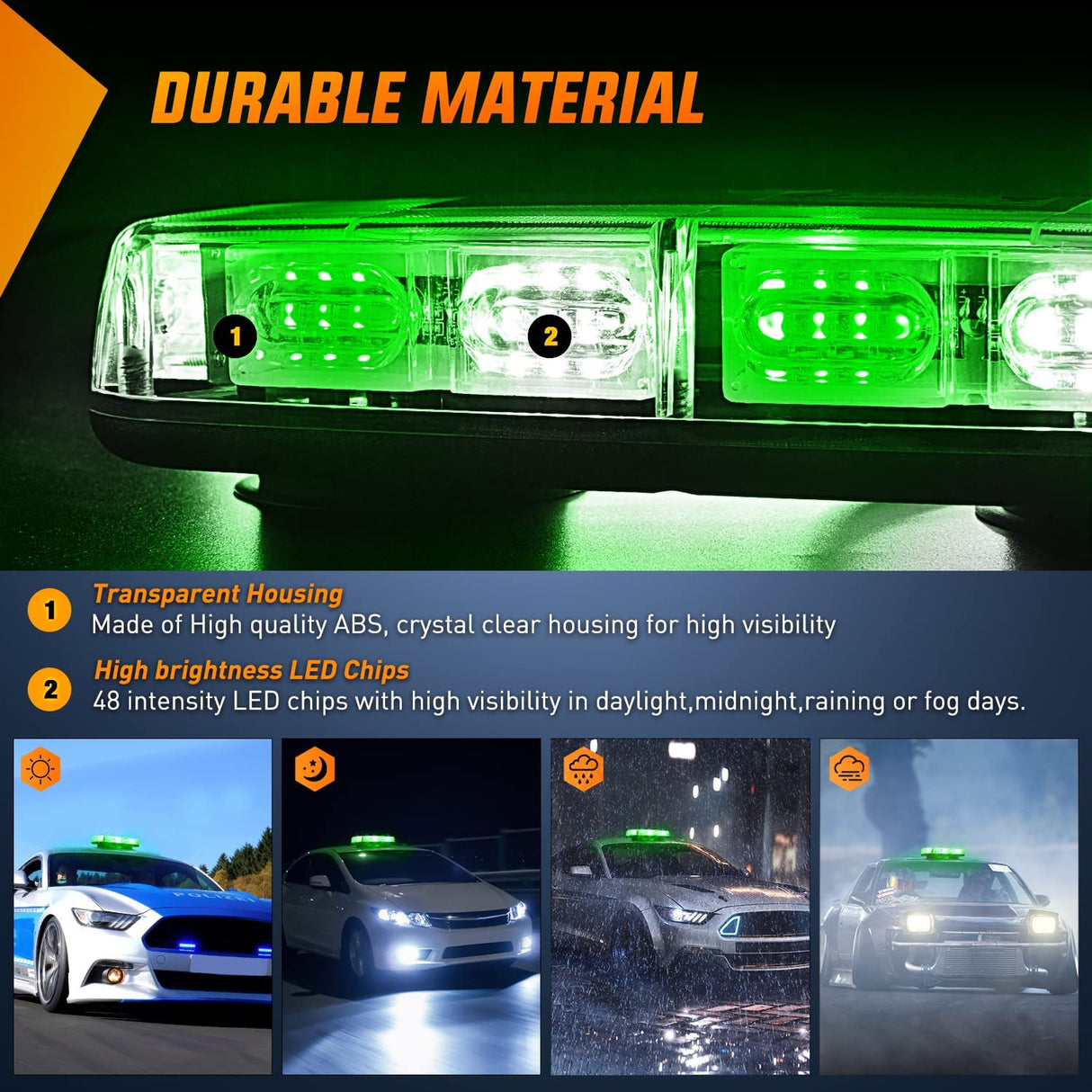 12 Inch 48 Leds Roof Top Green Mix White Emergency Strobe Light Nilight