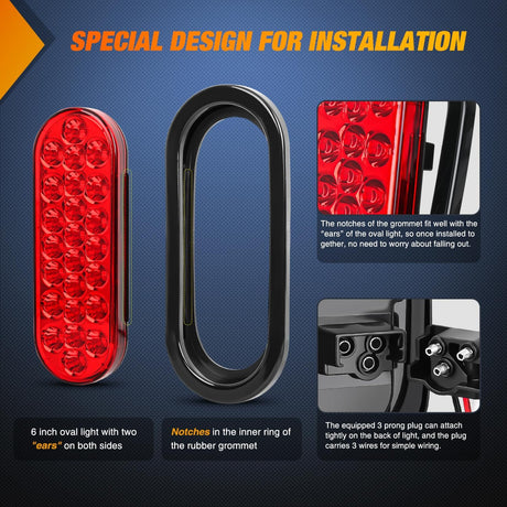 6 Inch Oval Red 24Leds Trailer Tail Lights (Pair) Nilight