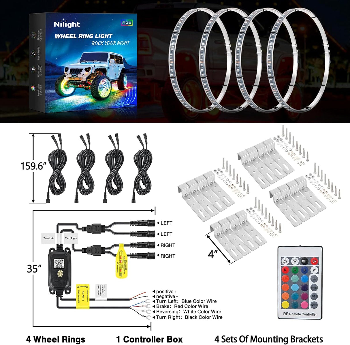 17.5 Inch LED Wheel Ring Lights Single Row RGB APP Remote Control 4Pcs Nilight