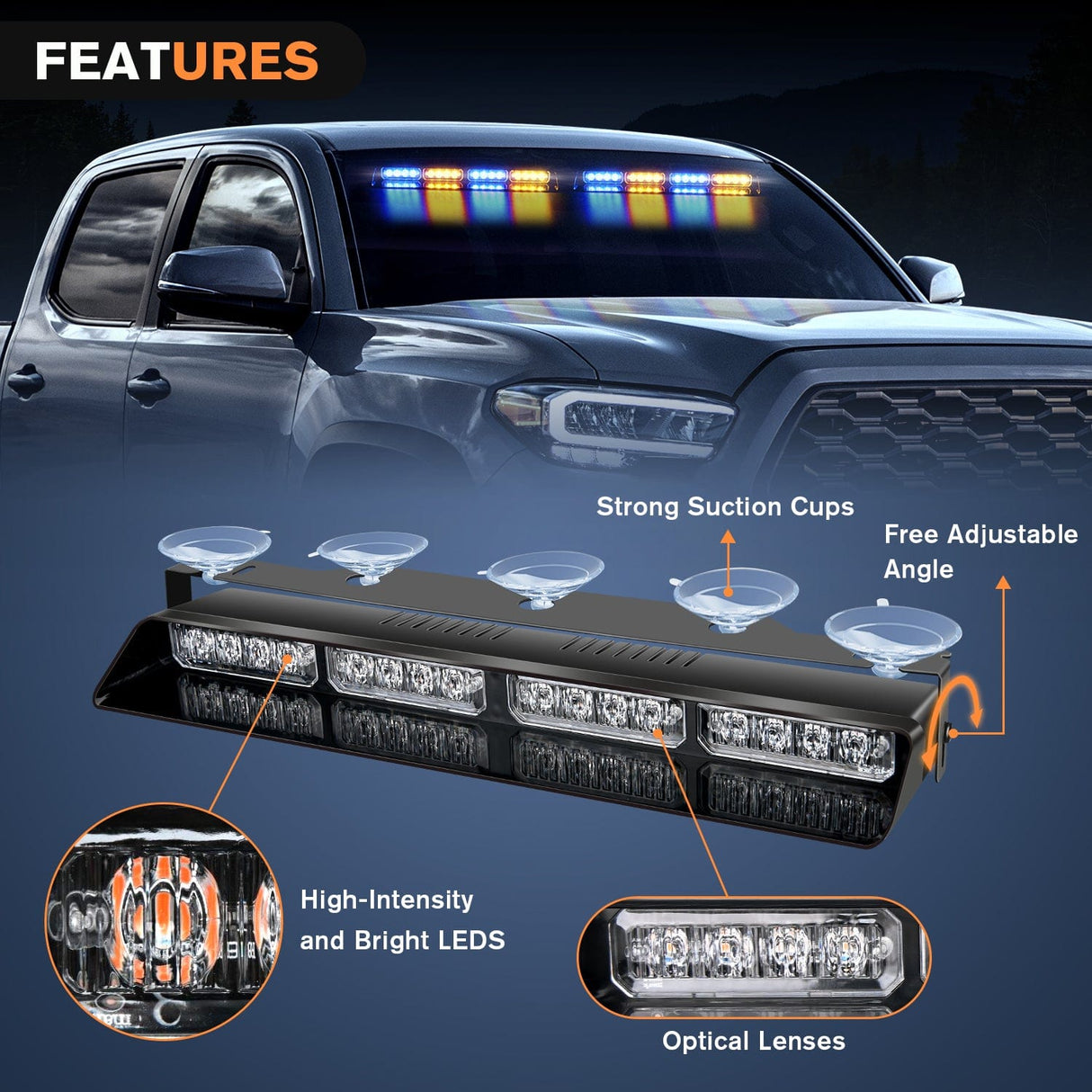 32LED Amber Blue Emergency Dash Strobe Lights with Controller Suction Cups Nilight